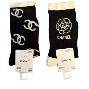 NWT 2 Pair Chanel Outlet Women’s Black and Cream Logo Socks